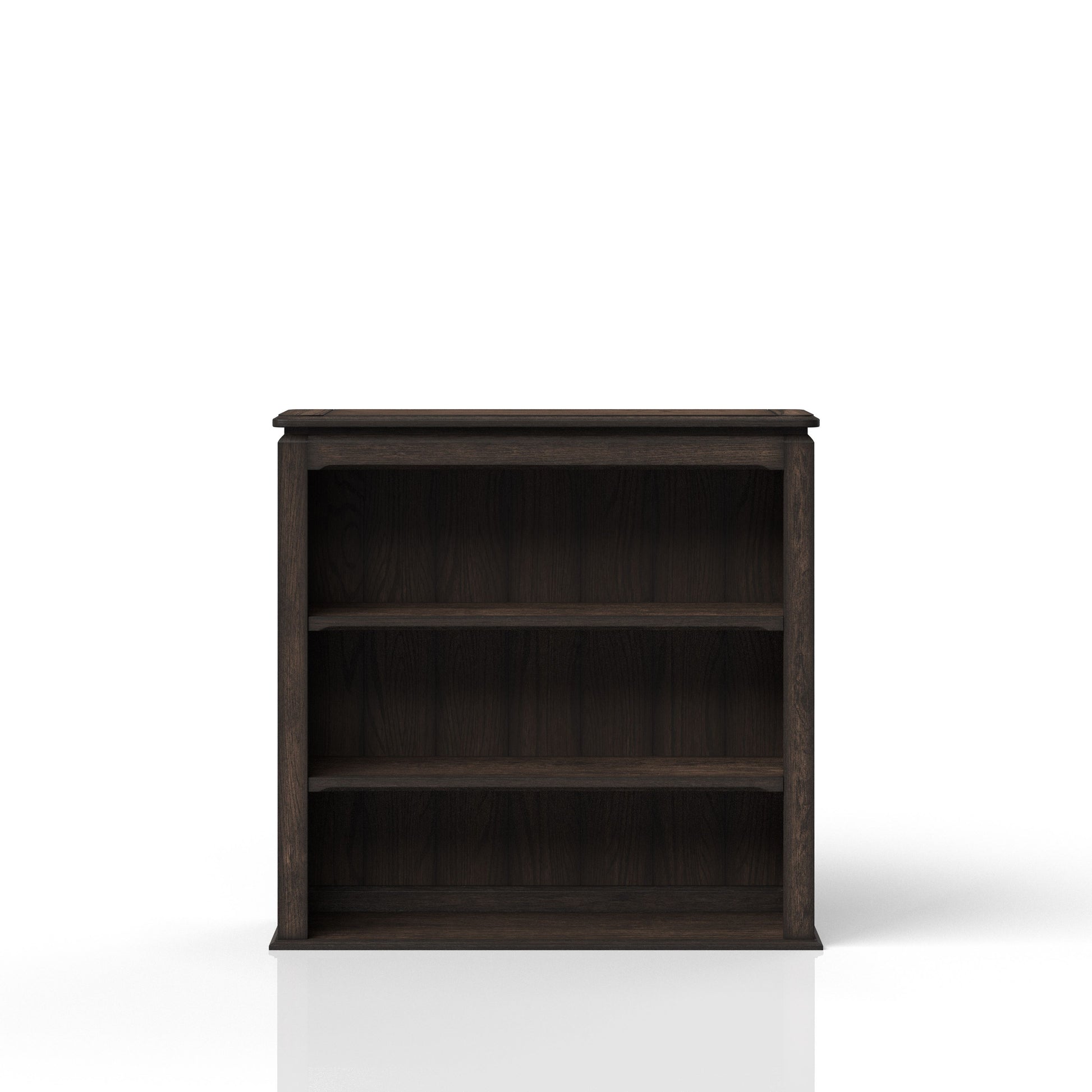 Dark wood bookshelf with three open shelves for home organization