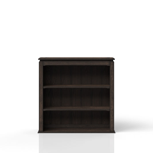 Dark wood bookshelf with three open shelves for home organization