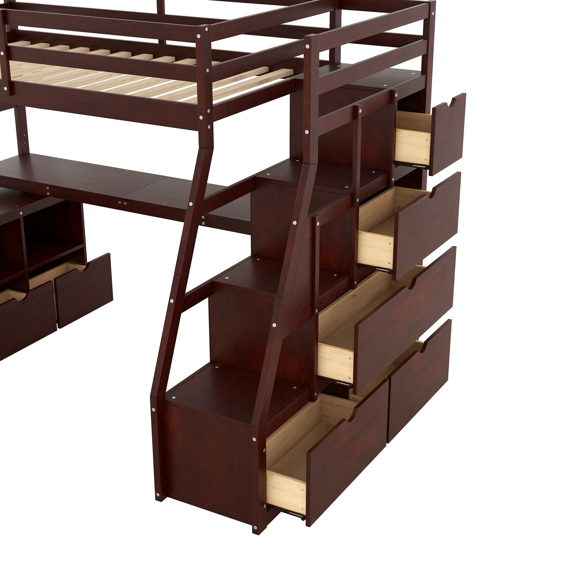 Dark cherry wood loft bed with integrated desk and stairs