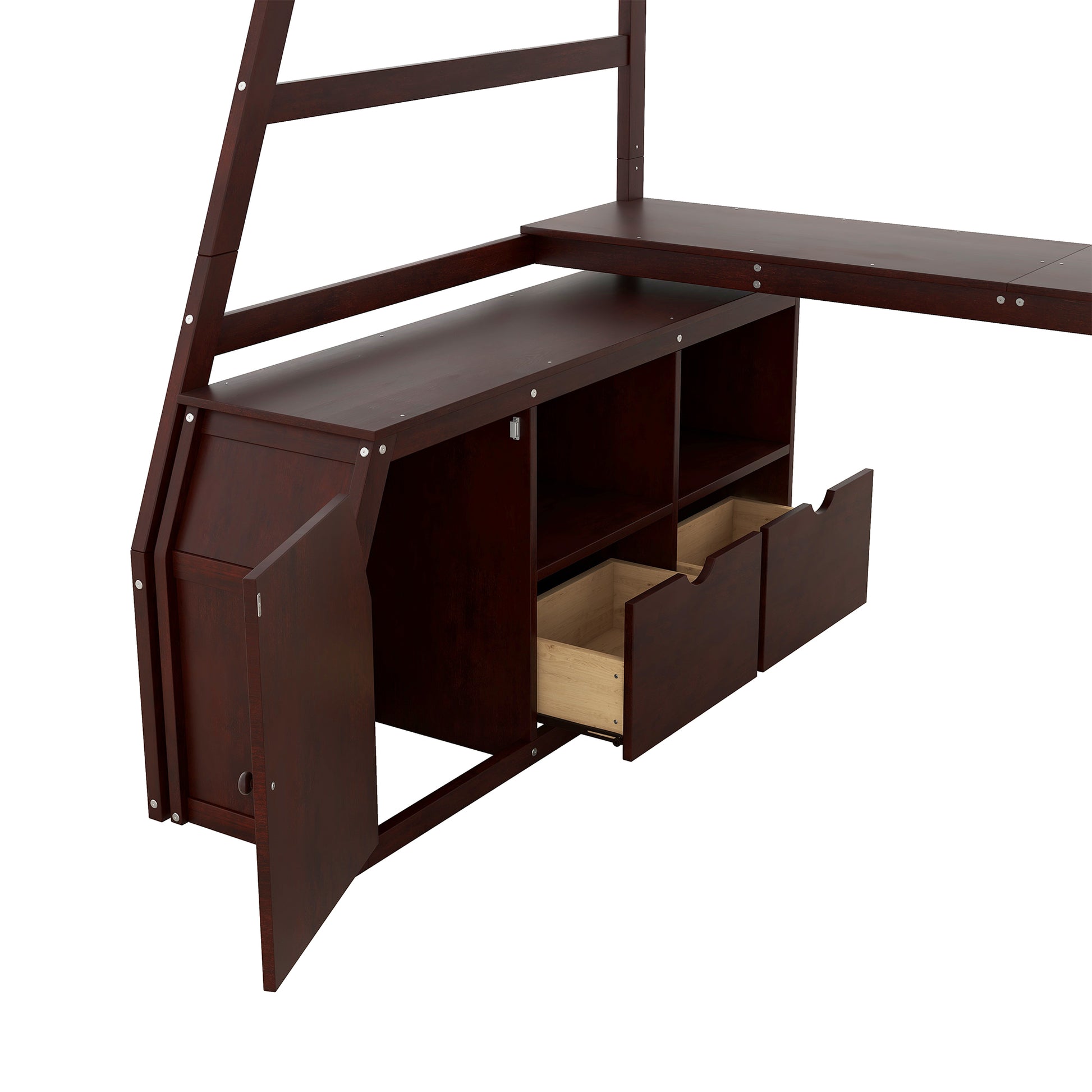 Dark wood loft bed desk with open drawer and cabinet