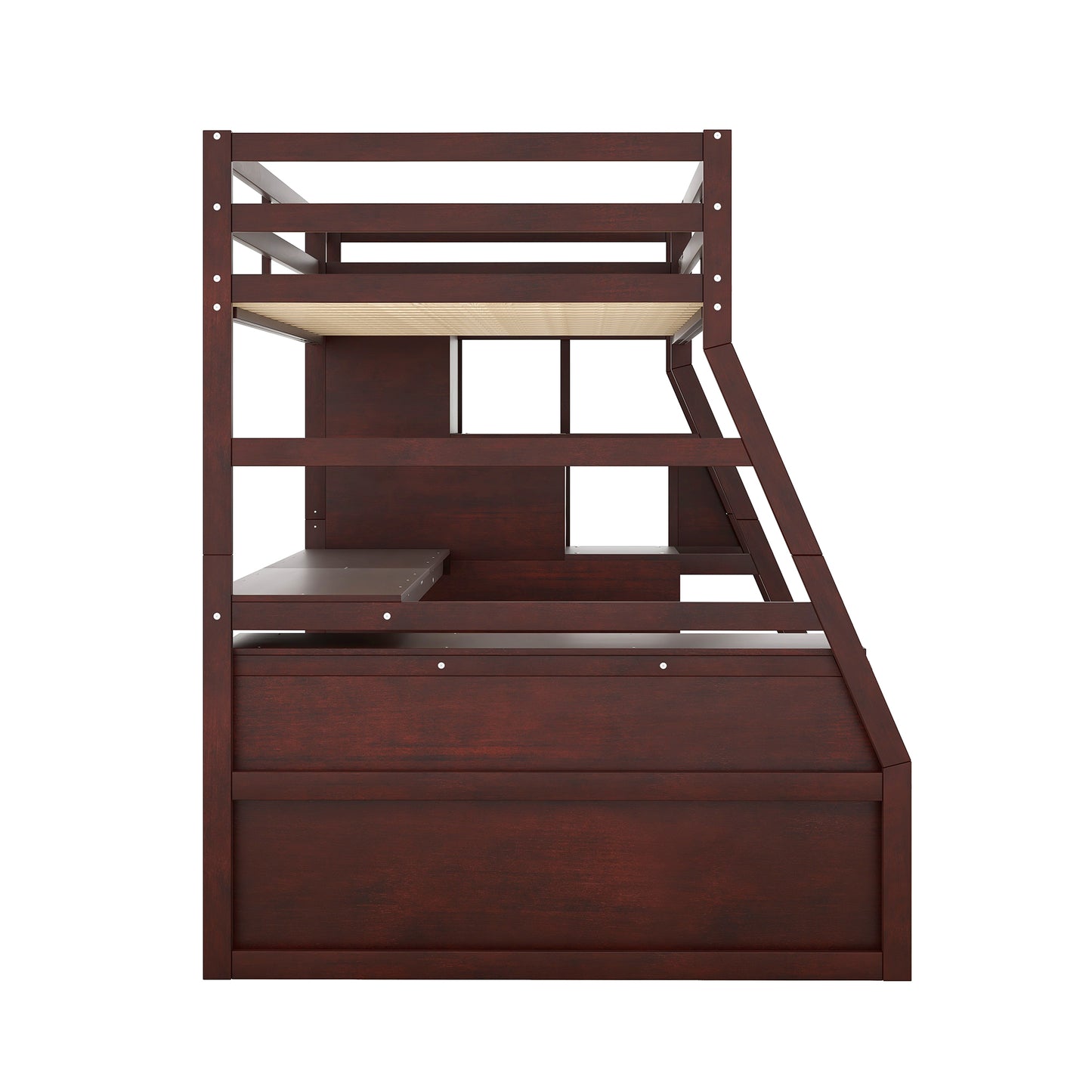 Dark cherry wood twin over twin bunk bed with integrated storage