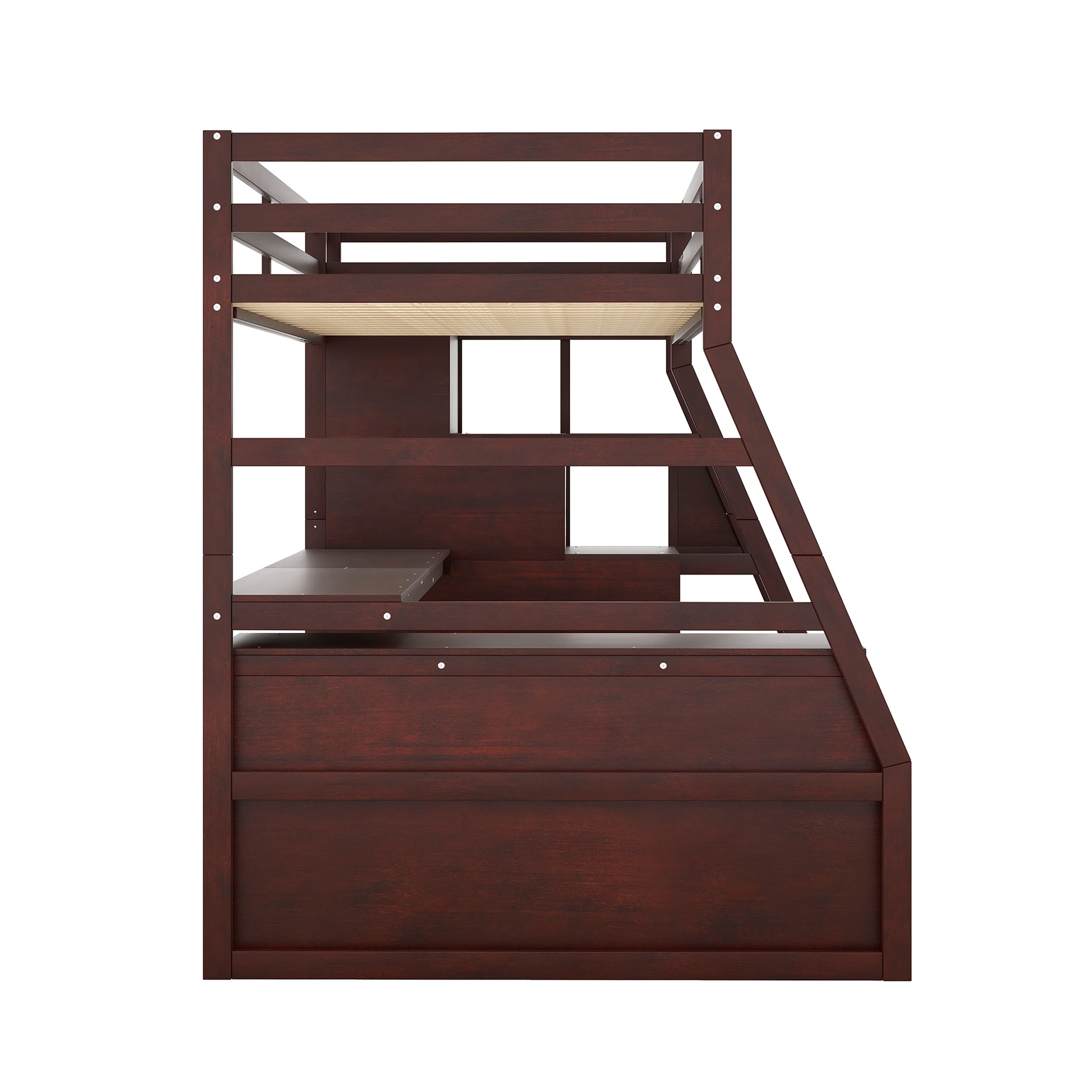 Dark cherry wood twin over twin bunk bed with integrated storage