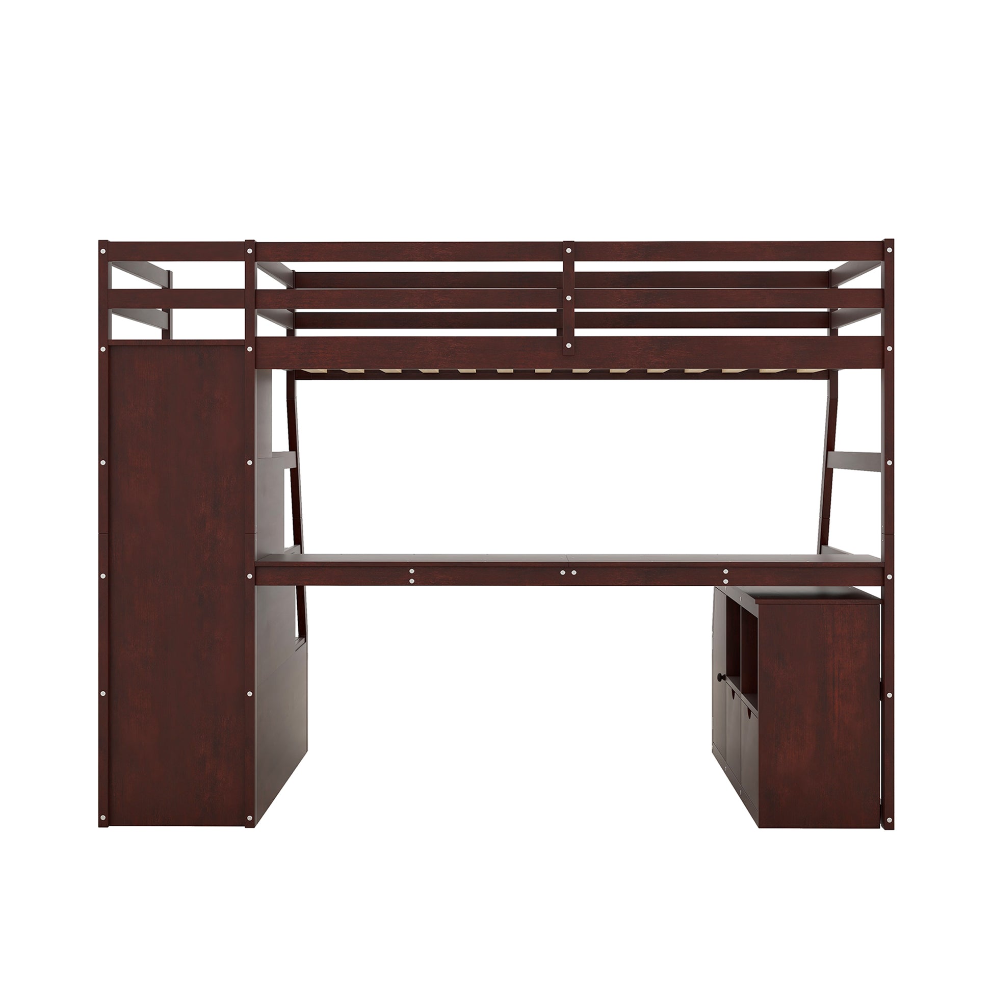 Dark brown loft bed with integrated desk and shelving