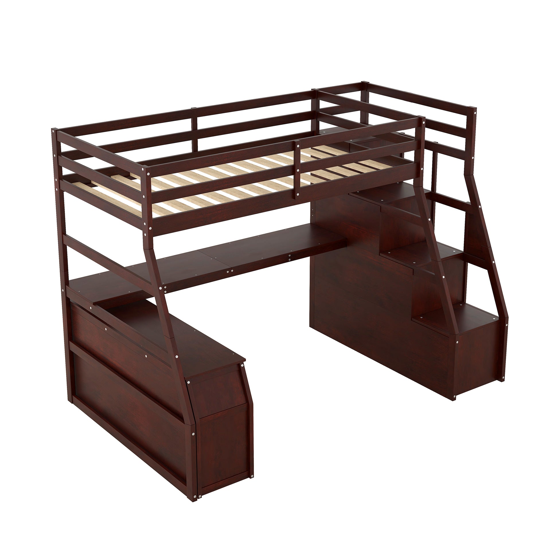 Dark cherry wood loft bed with desk and storage stairs for kids
