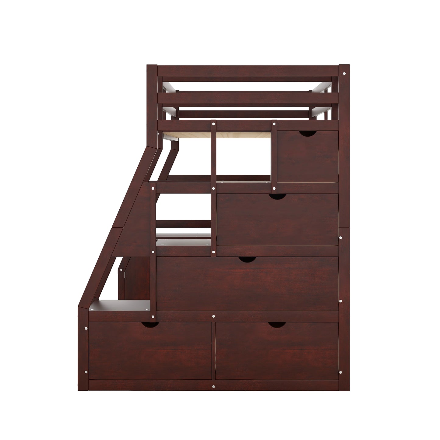 Dark cherry wood loft bed with integrated ladder and drawers