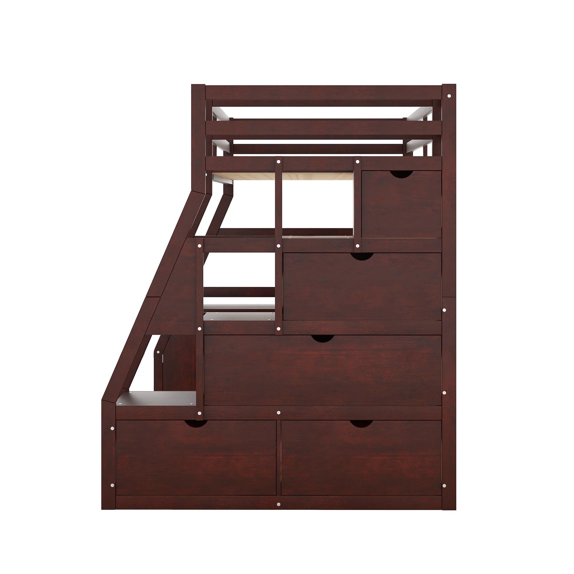 Dark cherry wood loft bed with integrated ladder and drawers