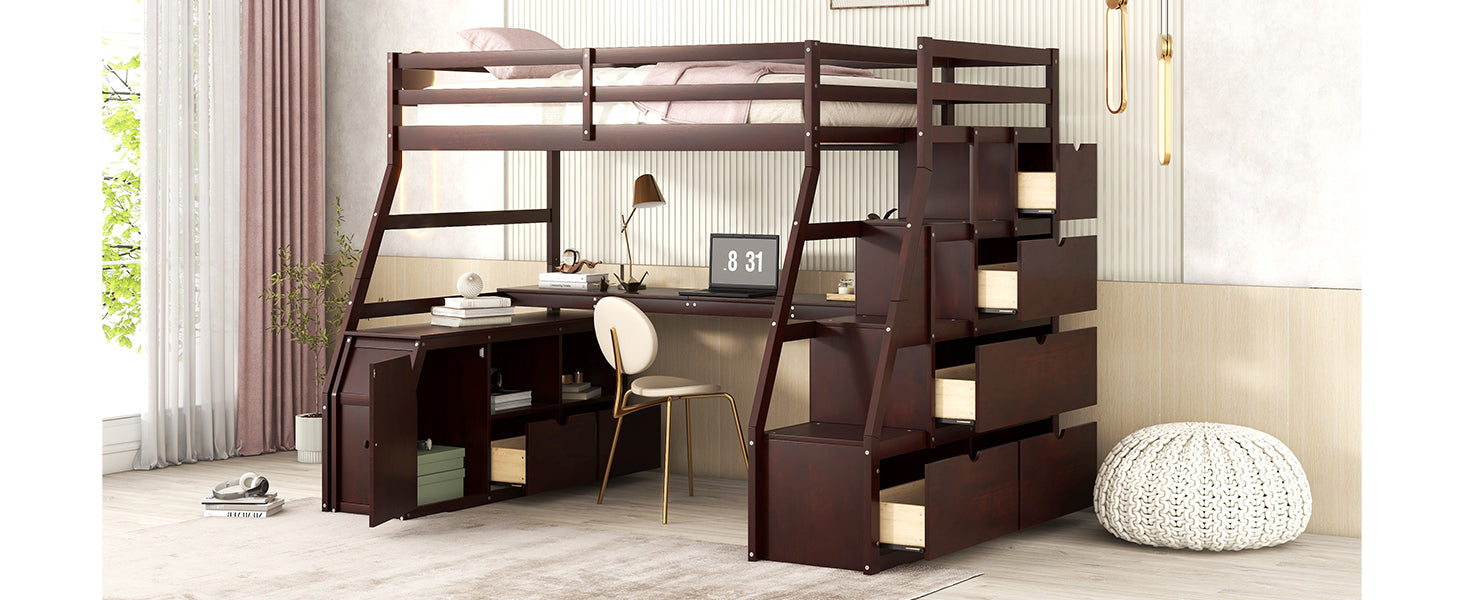 Dark wood loft bed with integrated desk and stairs