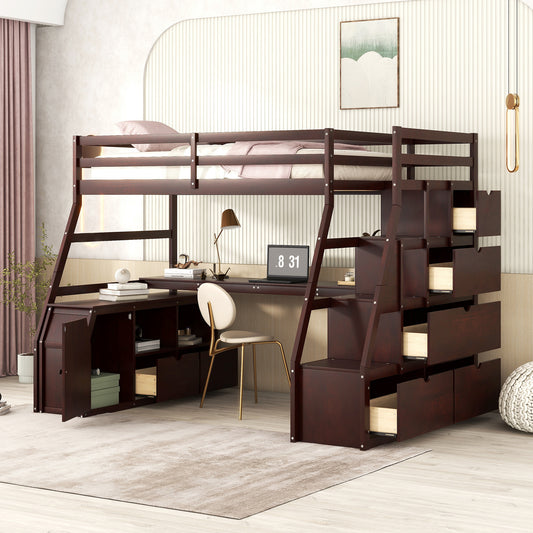 Dark wood loft bed with integrated desk and stairs featuring multiple drawers