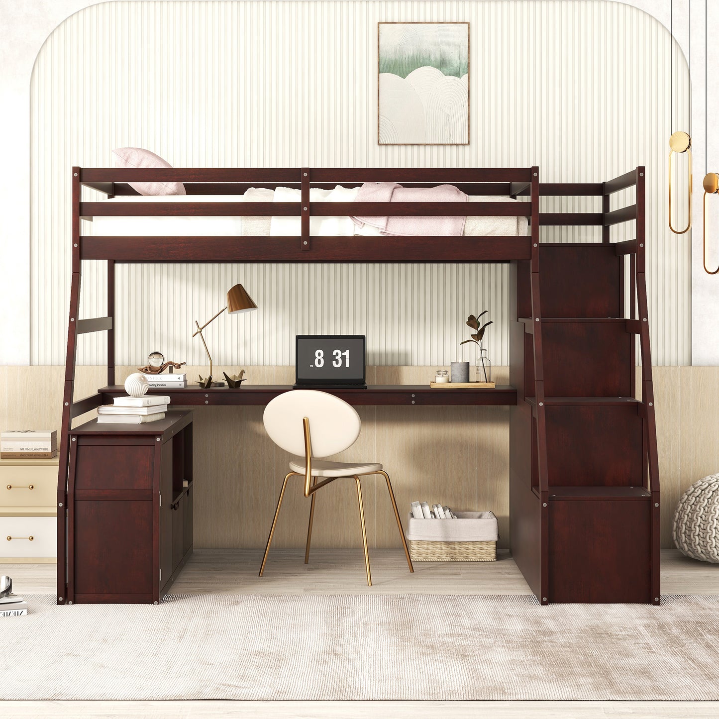 Dark wood loft bed with integrated desk and stairs