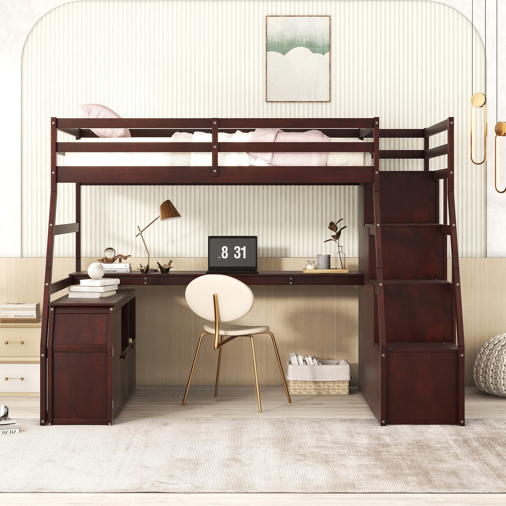 Dark wood loft bed with integrated desk and stairs