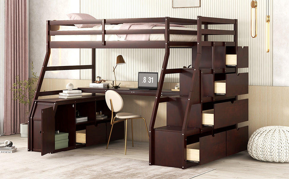Dark wood loft bed with integrated desk and storage drawers