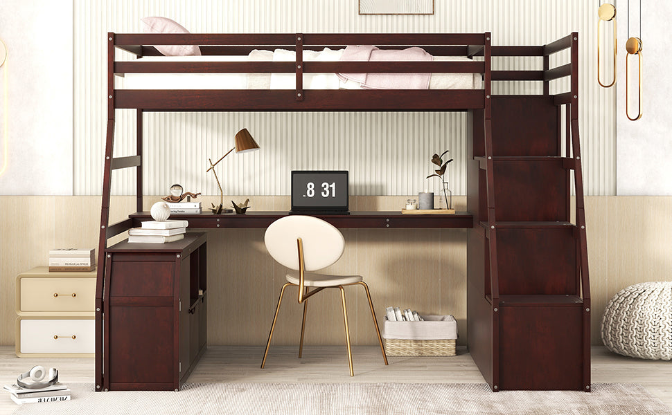 Dark brown wooden loft bed with integrated desk and stairs