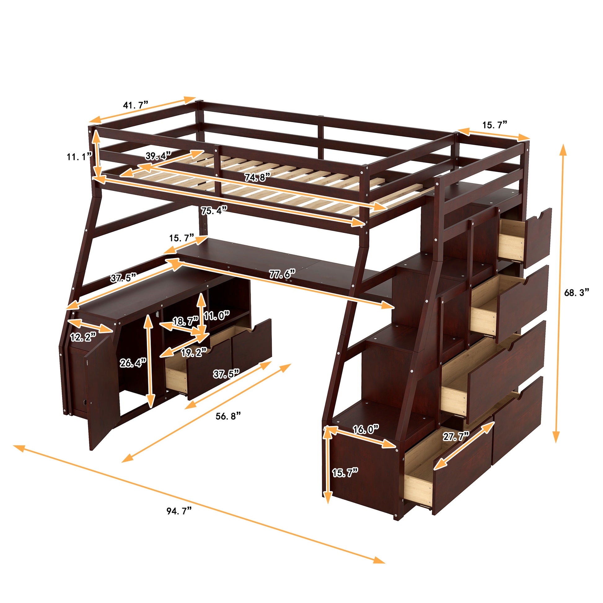 Dark wood loft bed with builtin desk and drawers