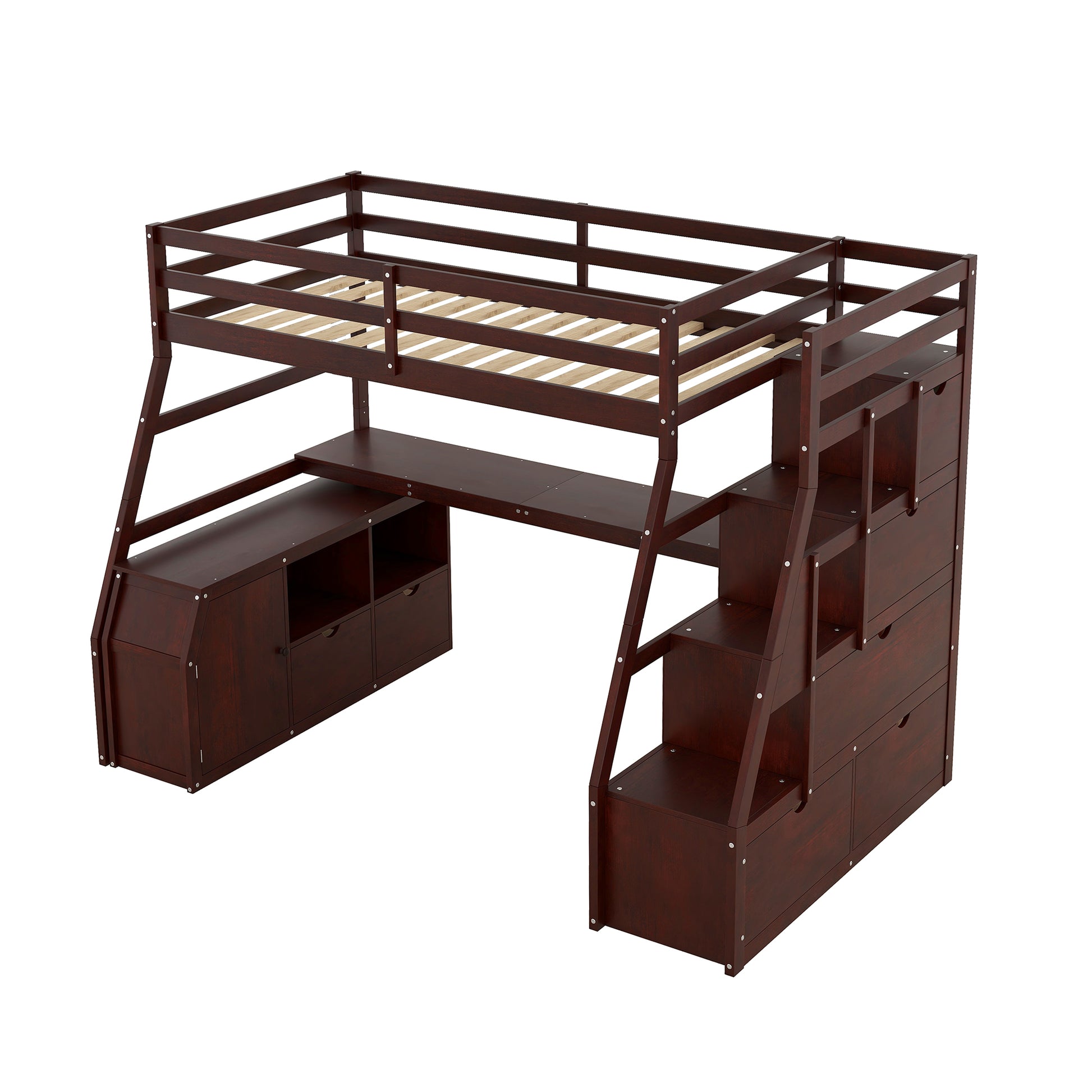 Dark wood loft bed with integrated desk and storage stairs