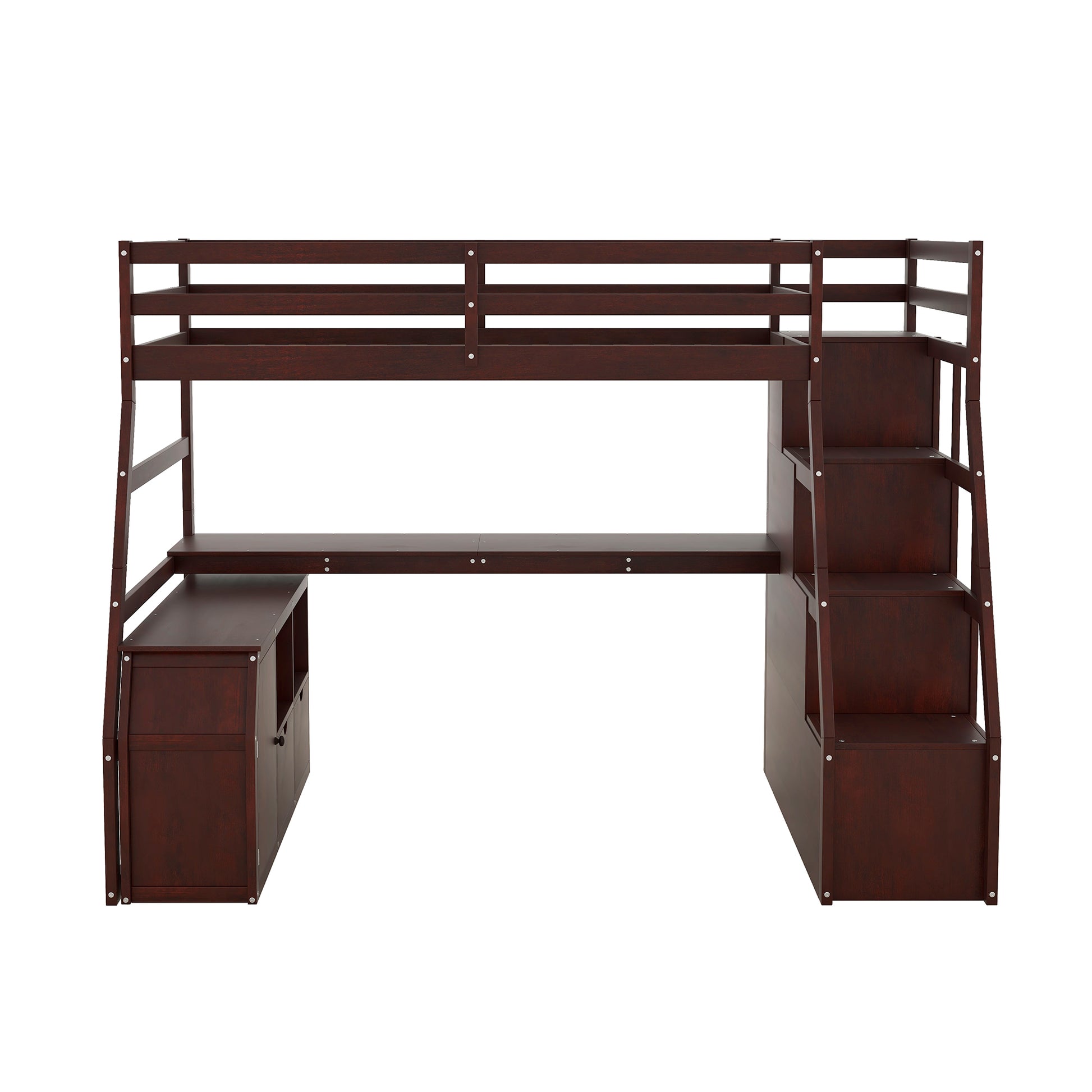 Dark mahogany wood loft bed with integrated desk and stairs