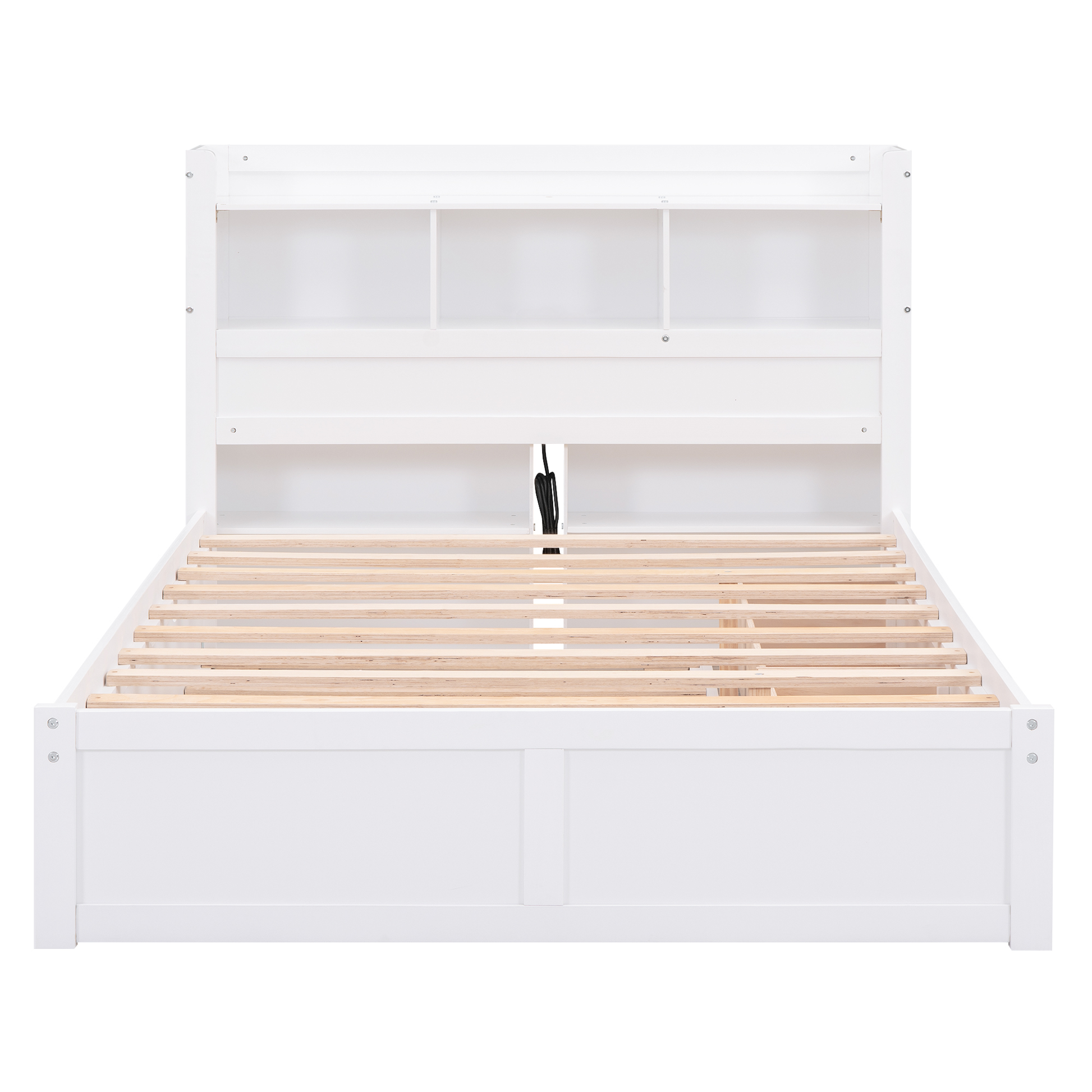 White wooden bed frame with bookshelf headboard and slatted base