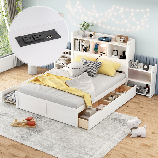 White twin bed with builtin drawers and a pullout trundle