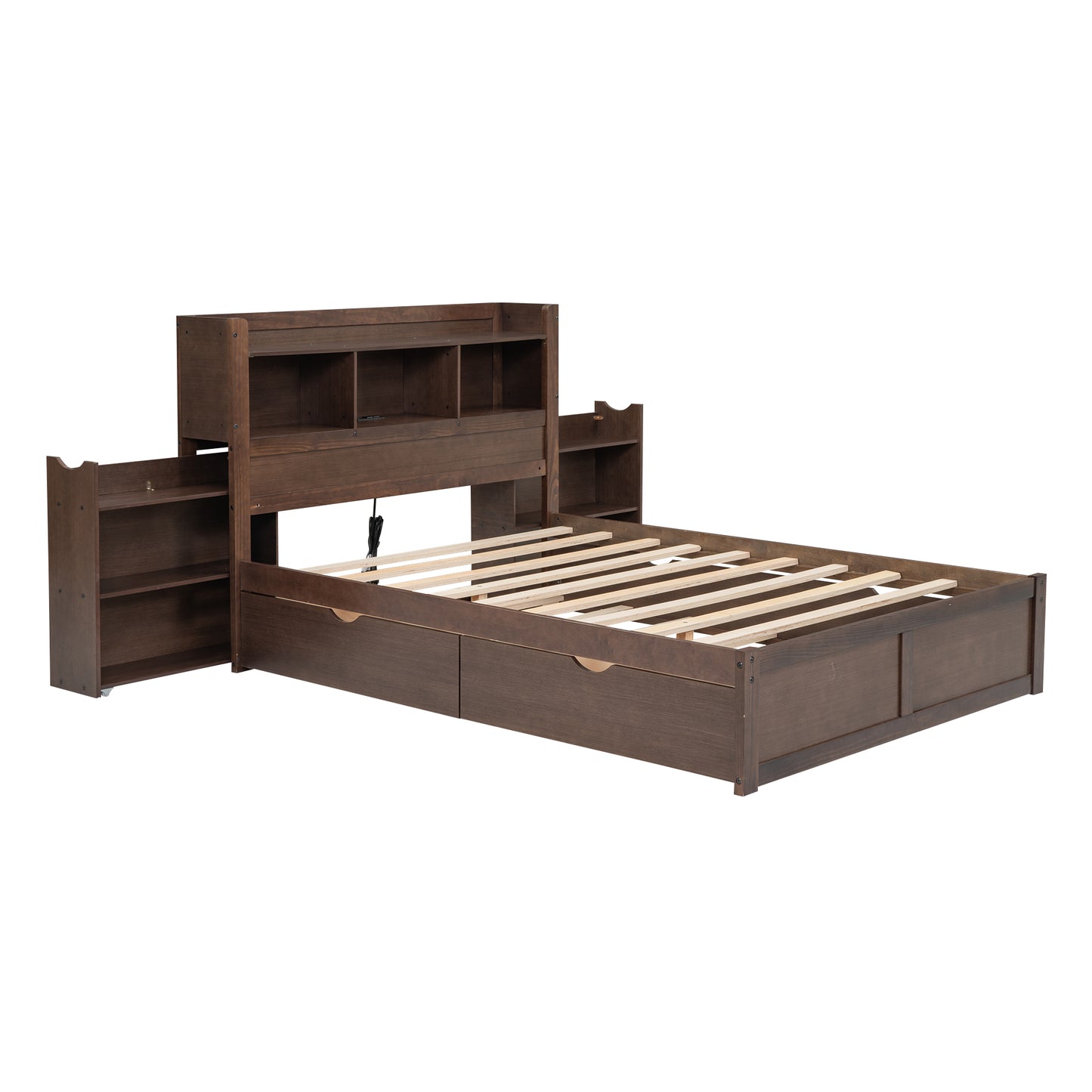 Dark walnut wood platform bed frame with storage headboard and side shelves