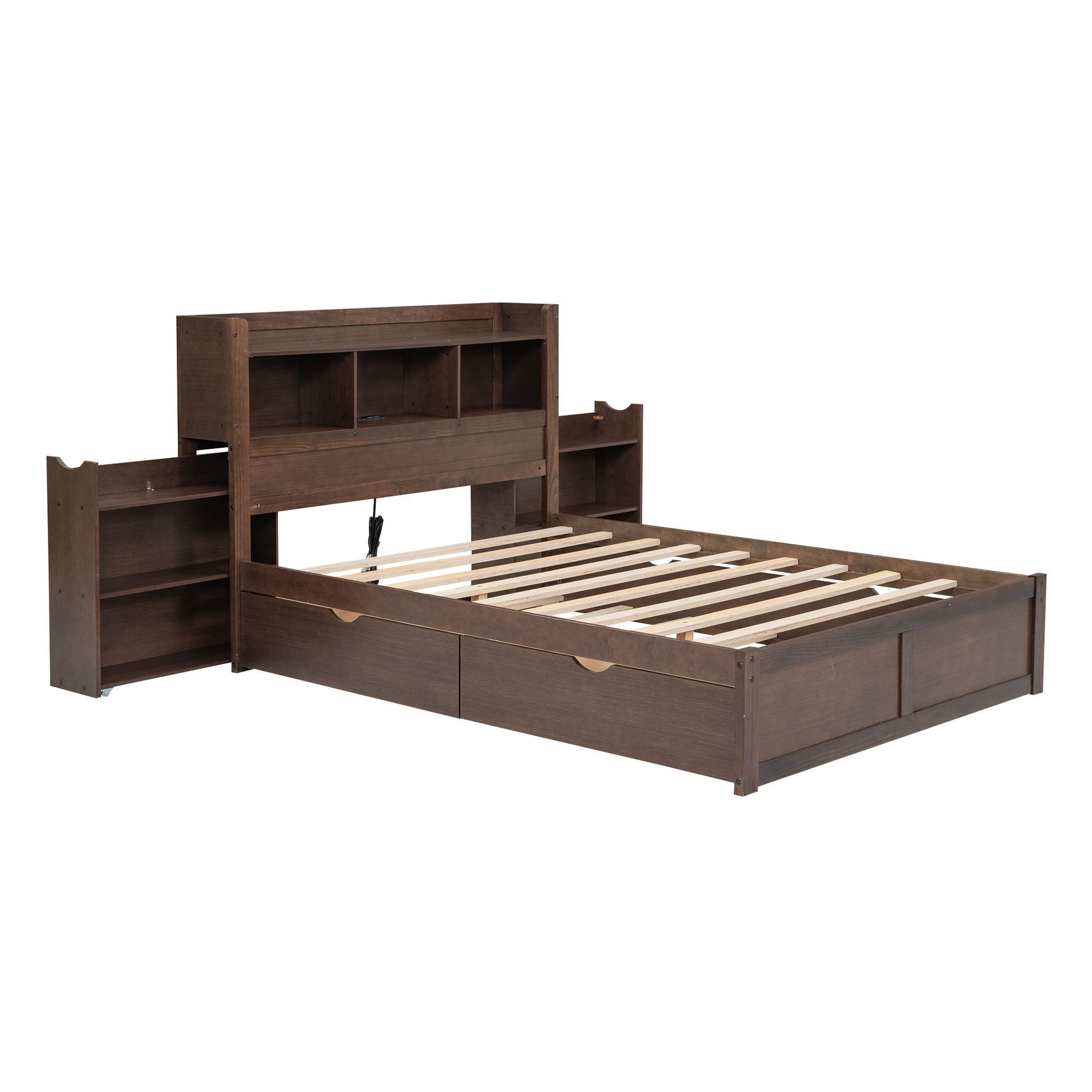 Dark walnut wood platform bed frame with storage headboard and side shelves