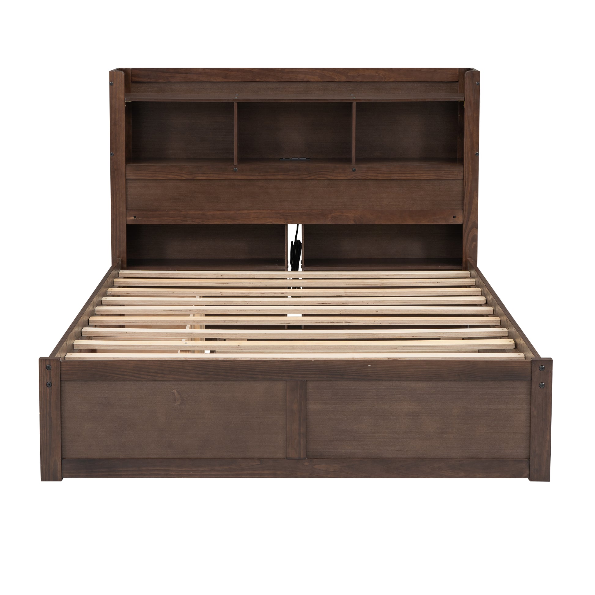 Dark brown wooden bed frame with builtin headboard shelves