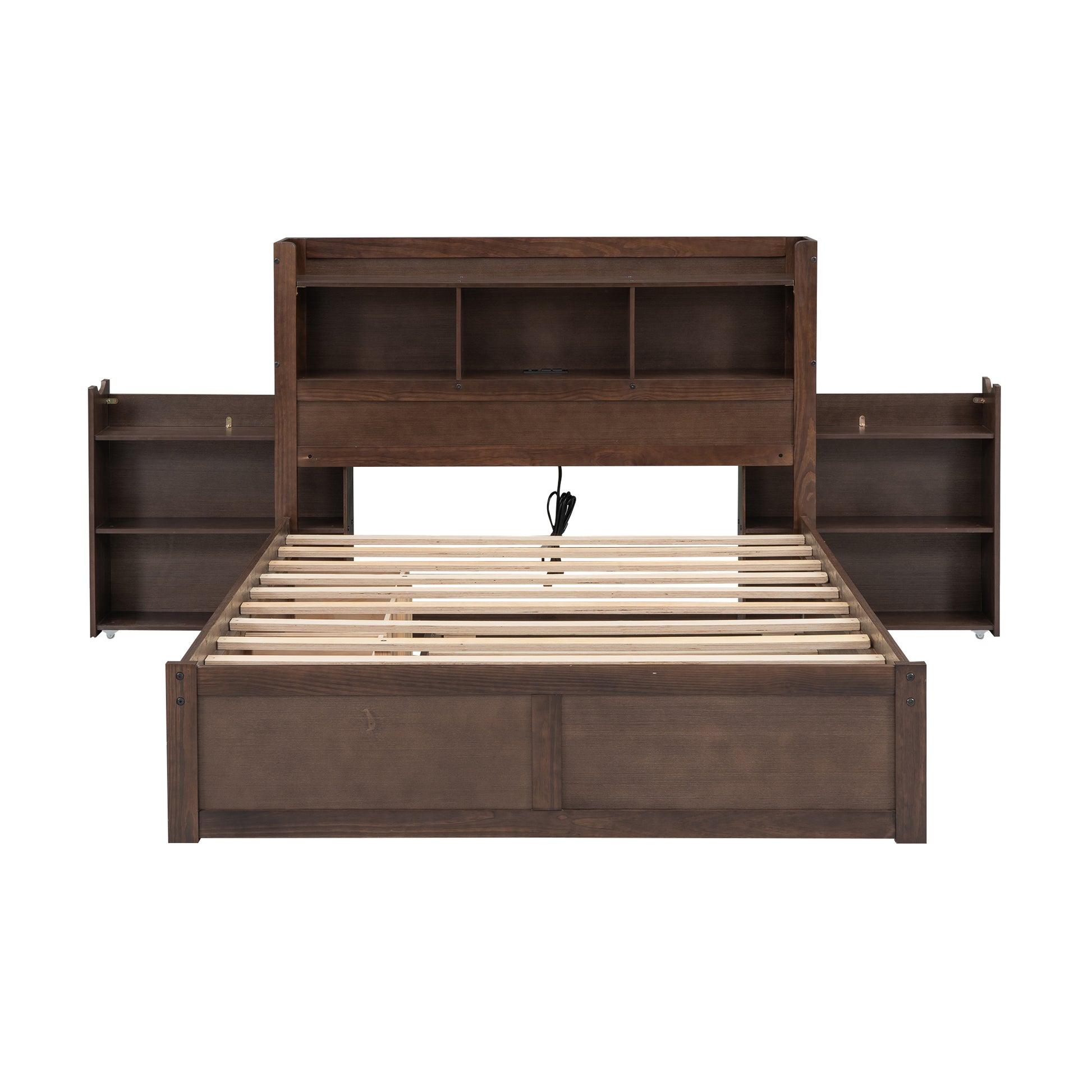 Dark brown wooden bed frame with builtin headboard shelves and side cabinets