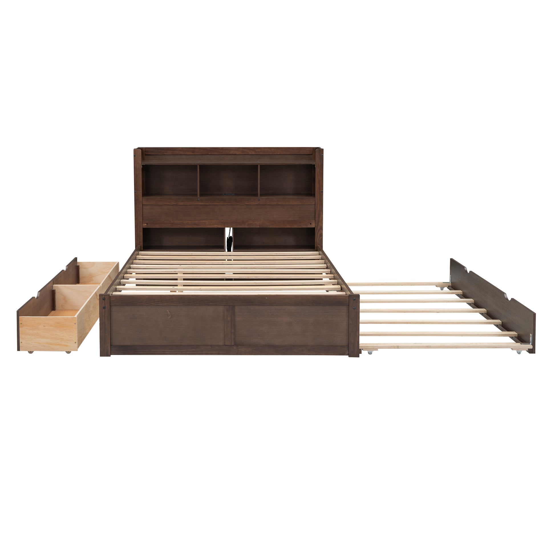 Dark brown wooden bed frame with bookcase headboard and pullout trundle bed