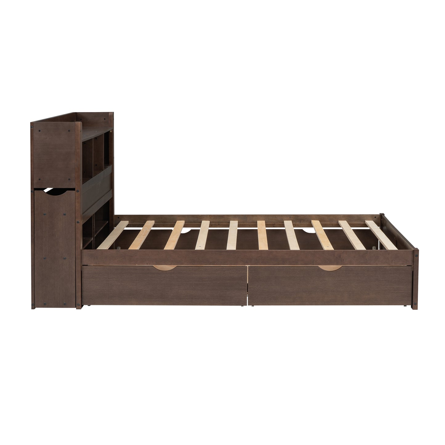 Dark brown wooden twin bed frame with bookshelf headboard and two storage drawers