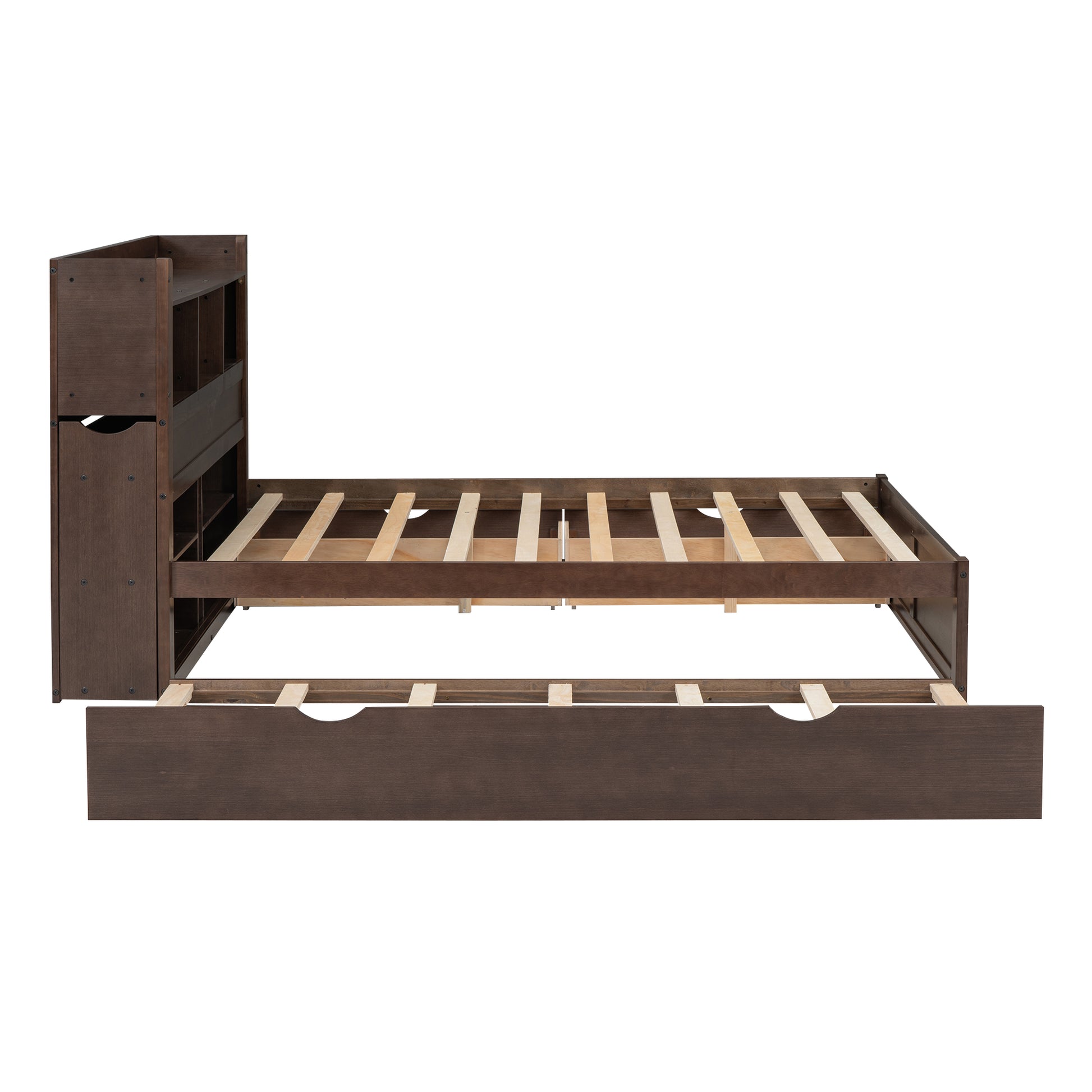 Dark brown twin storage bed frame with trundle and bookshelf headboard