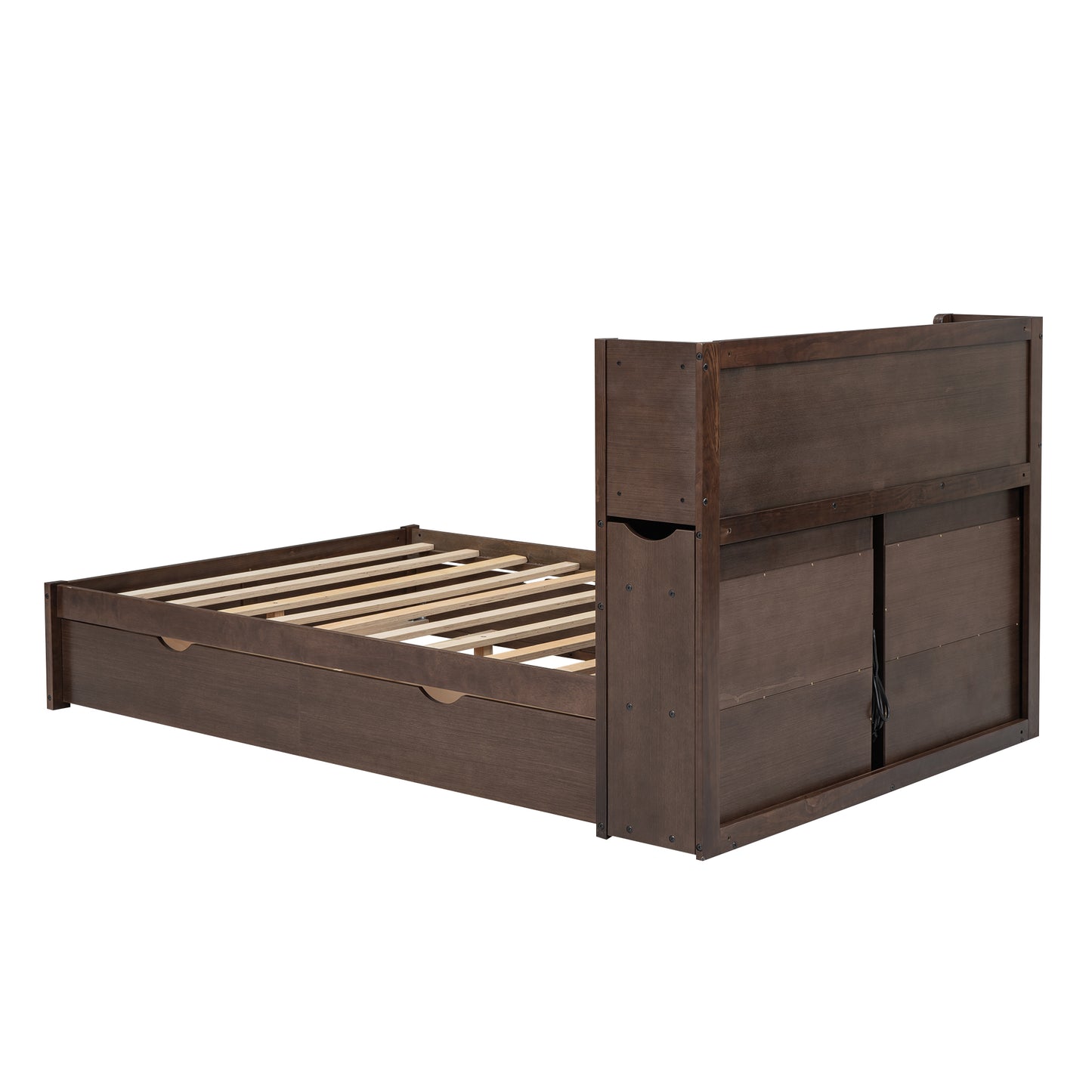 Dark brown wooden platform bed frame with integrated storage drawers
