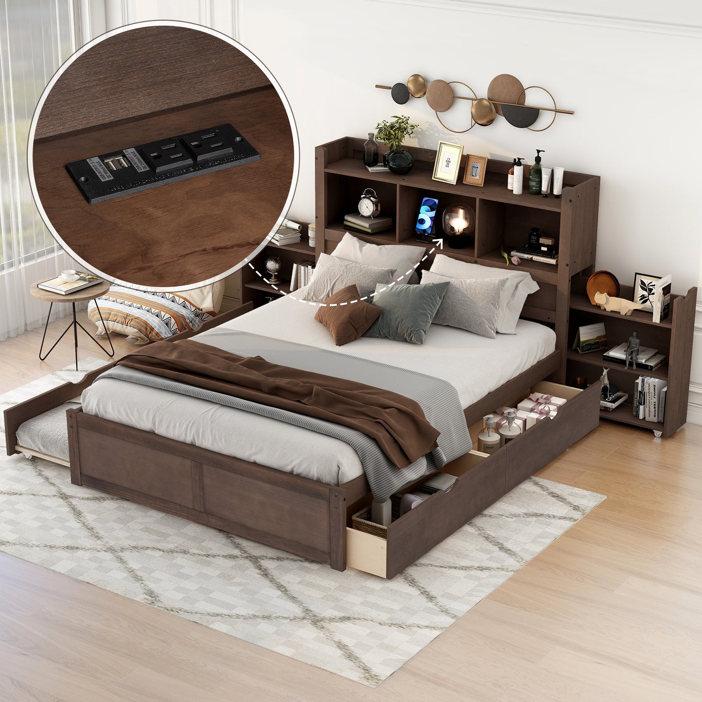 Dark wood platform bed with builtin headboard storage and dual USB charging ports