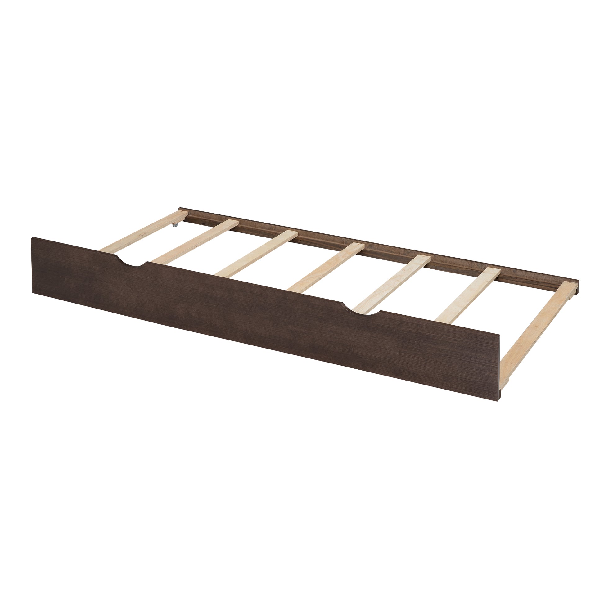 Dark wood bed frame with natural wood slats designed for a twin mattress