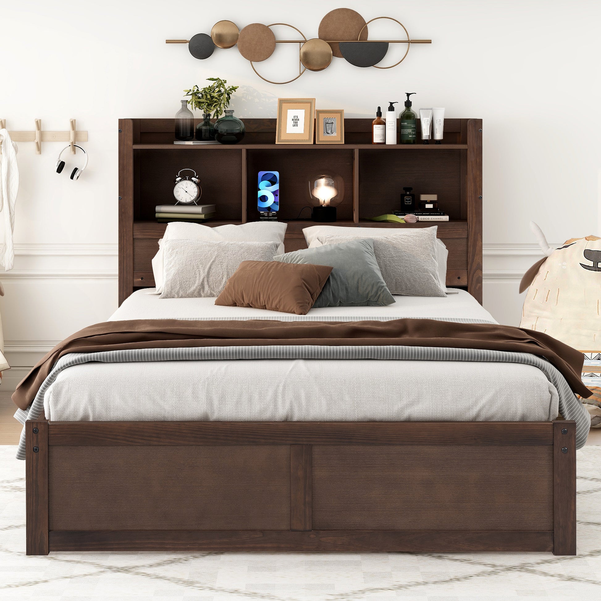 Dark wood platform bed with integrated headboard bookshelf