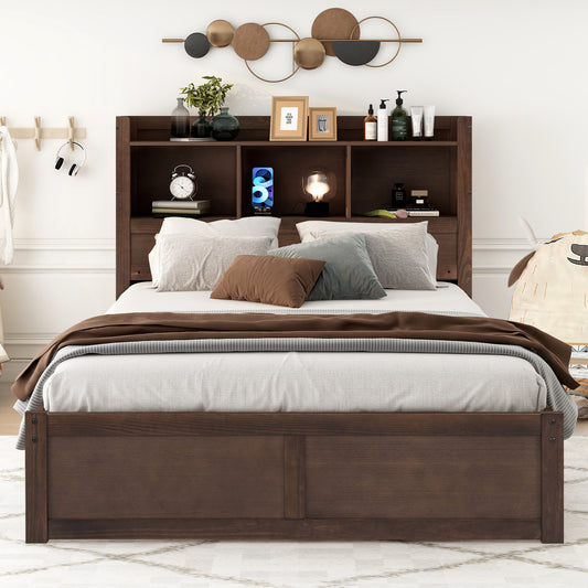 Dark wood platform bed with integrated headboard bookshelf