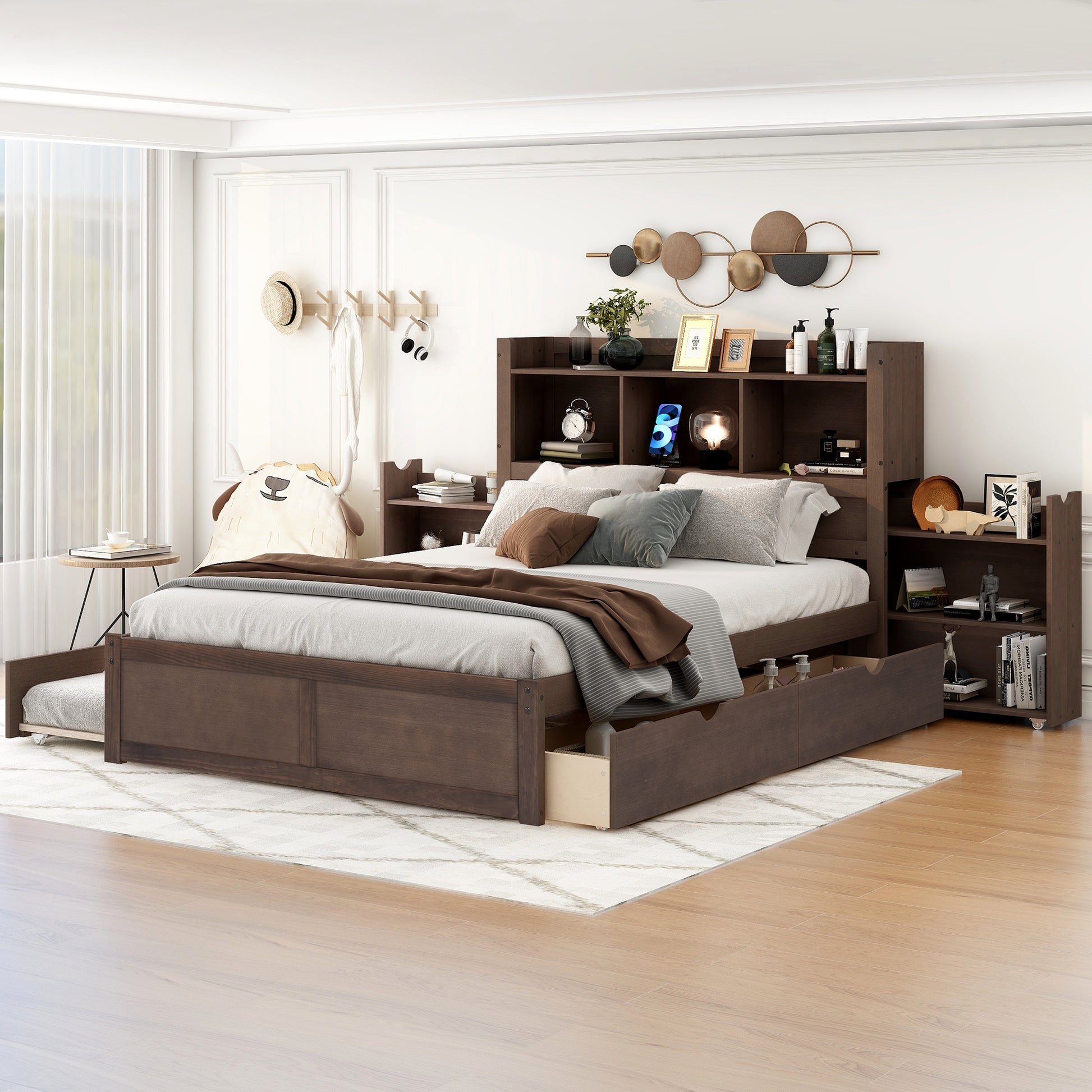 Dark wood captains bed with drawers and trundle