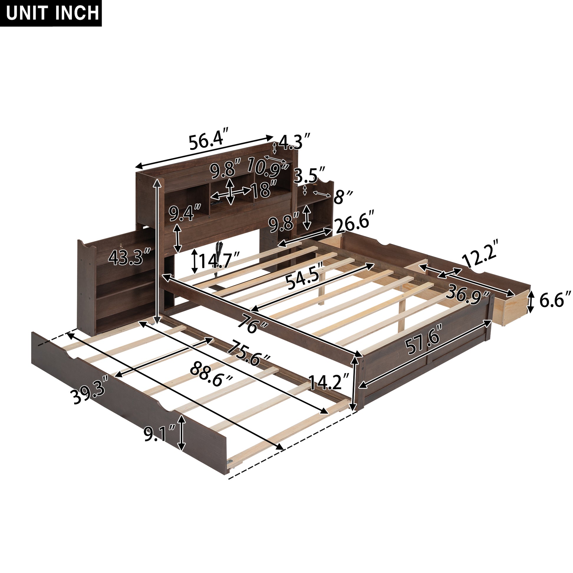 Dark brown wood platform bed frame with headboard shelves and storage drawers
