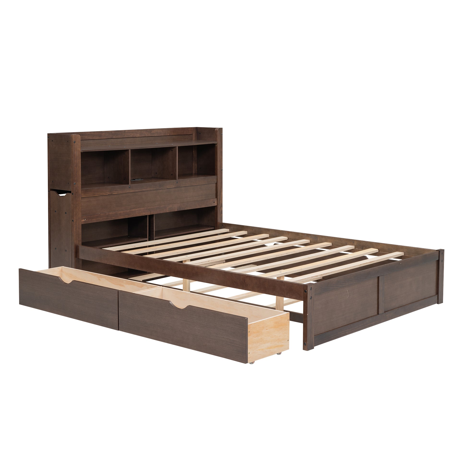Dark brown wood twin bed frame with builtin bookshelf headboard and pullout drawers