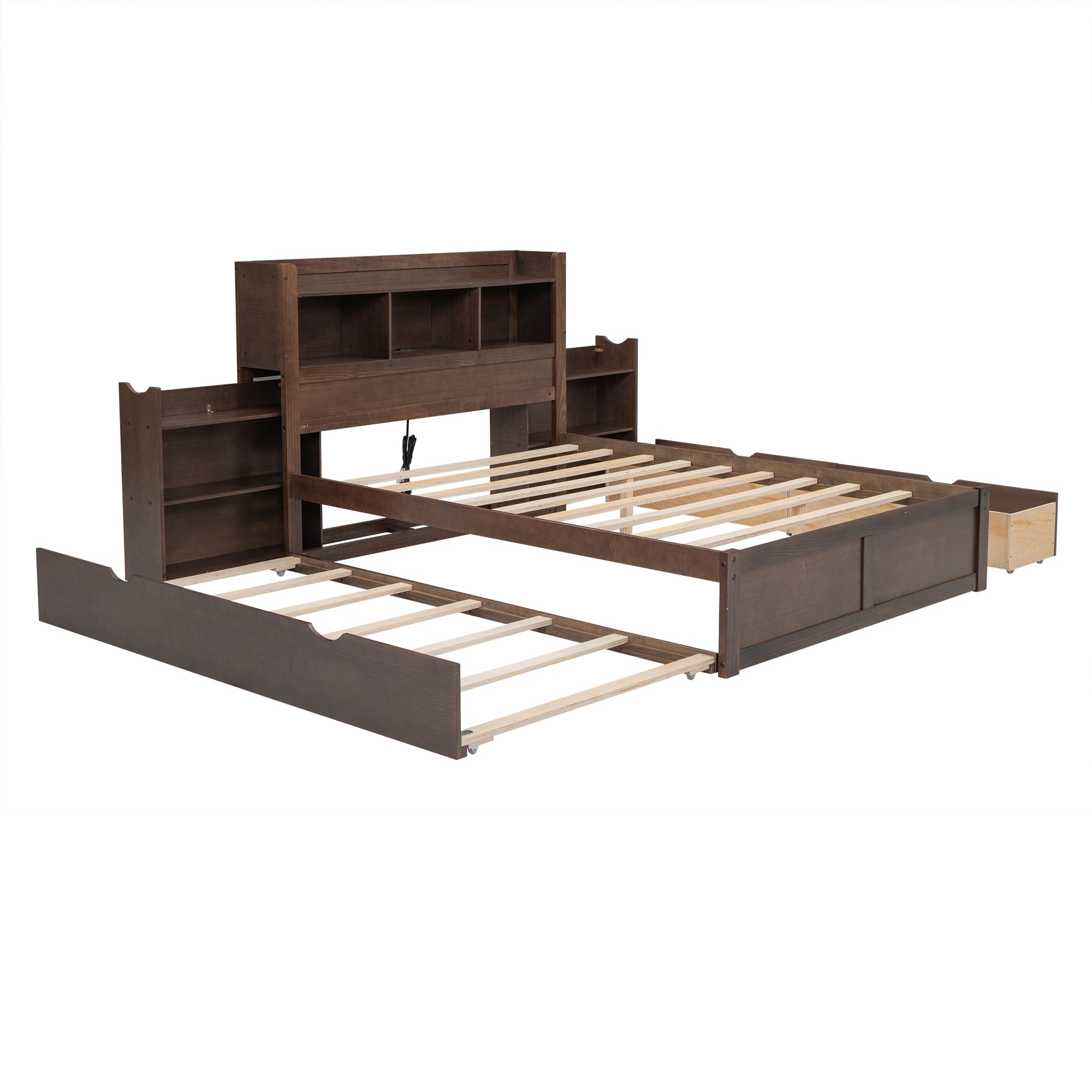 Dark brown wooden storage bed frame with pullout trundle and bookcase headboard