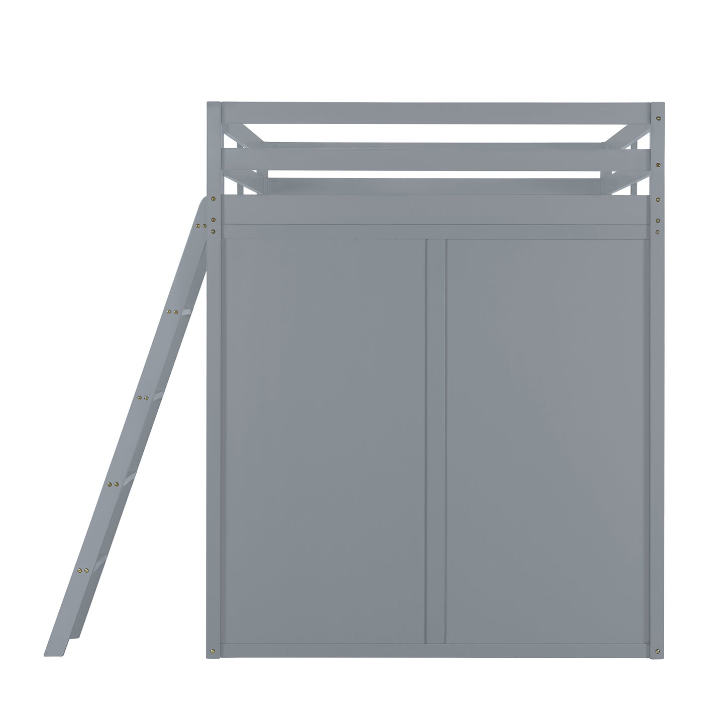 Grey wooden loft bed with ladder and closet doors