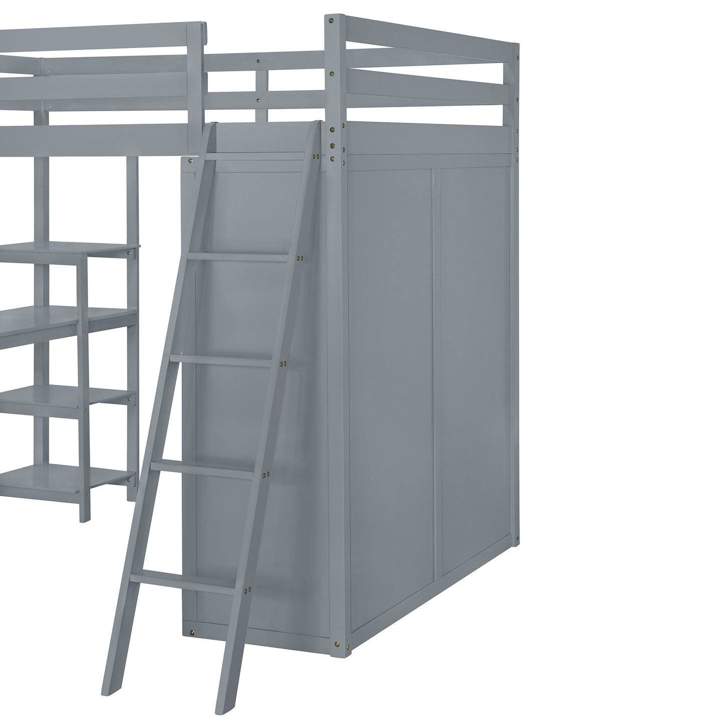 Gray wooden loft bed frame with ladder and builtin shelving