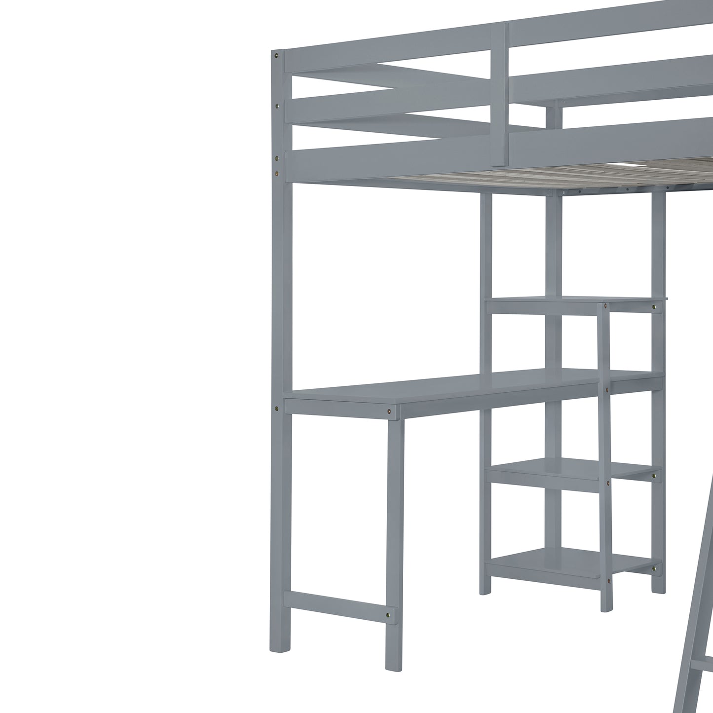 Gray wooden loft bed with integrated desk and shelves