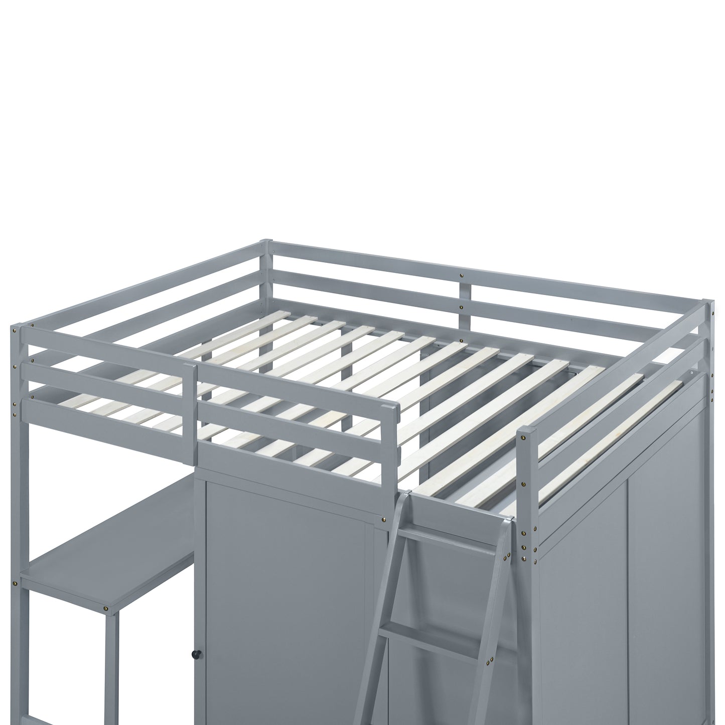 Gray twin loft bed with integrated desk and storage cabinets