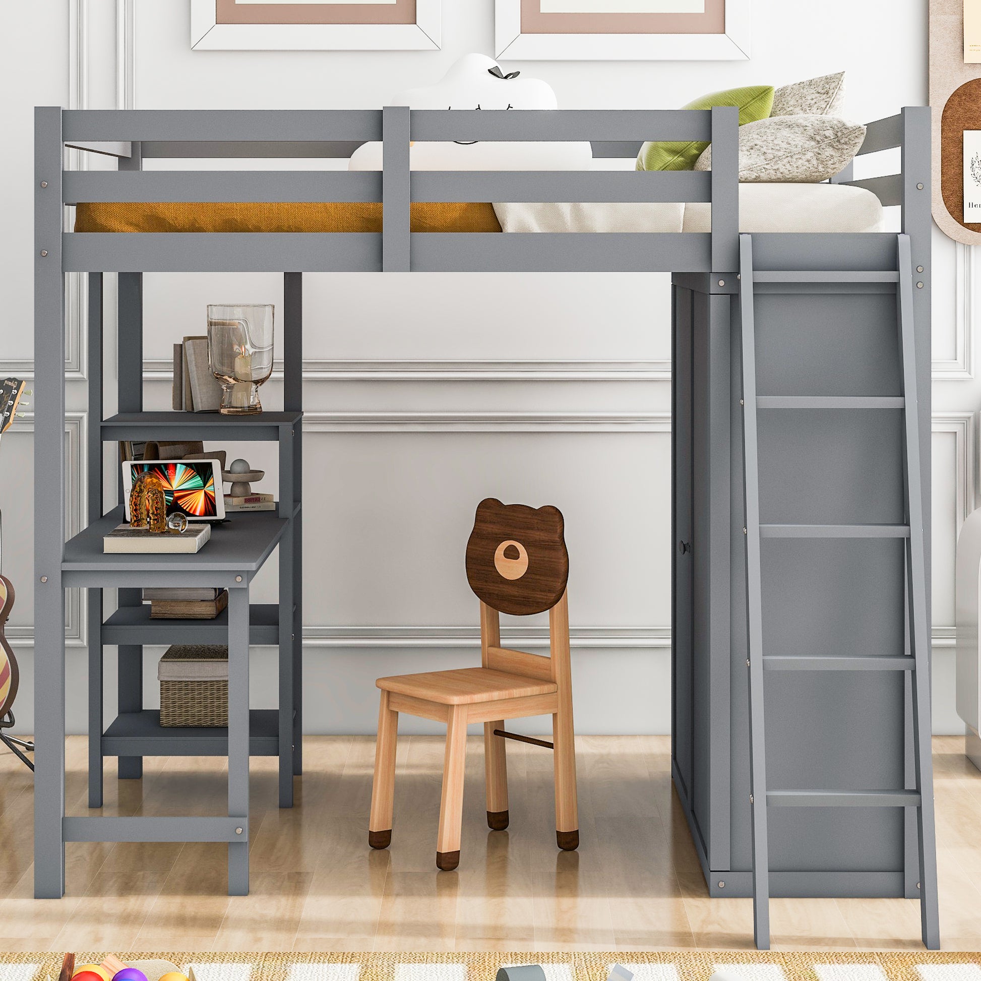 Gray wooden loft bed with integrated desk and shelves perfect for small rooms