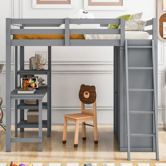 Gray wooden loft bed with integrated desk and shelves perfect for small rooms