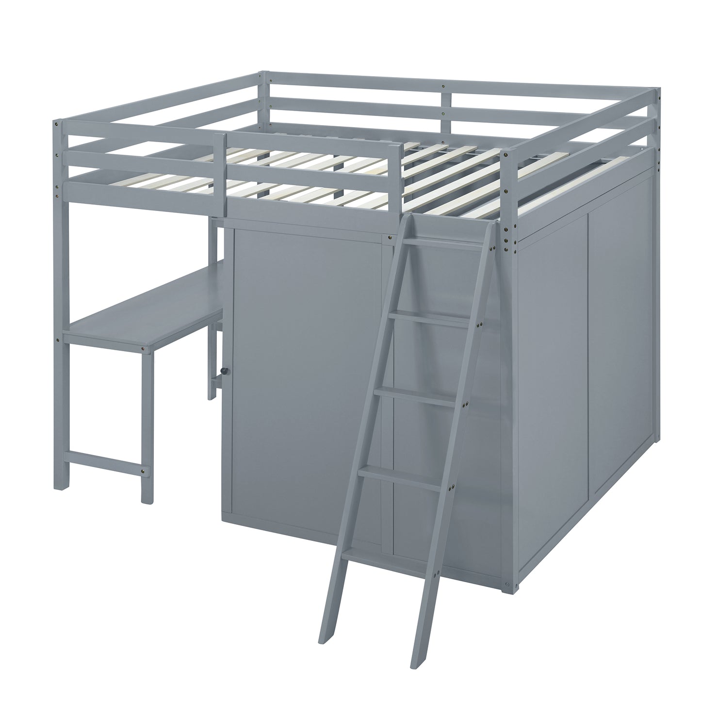 Gray loft bed with integrated desk and storage cabinets