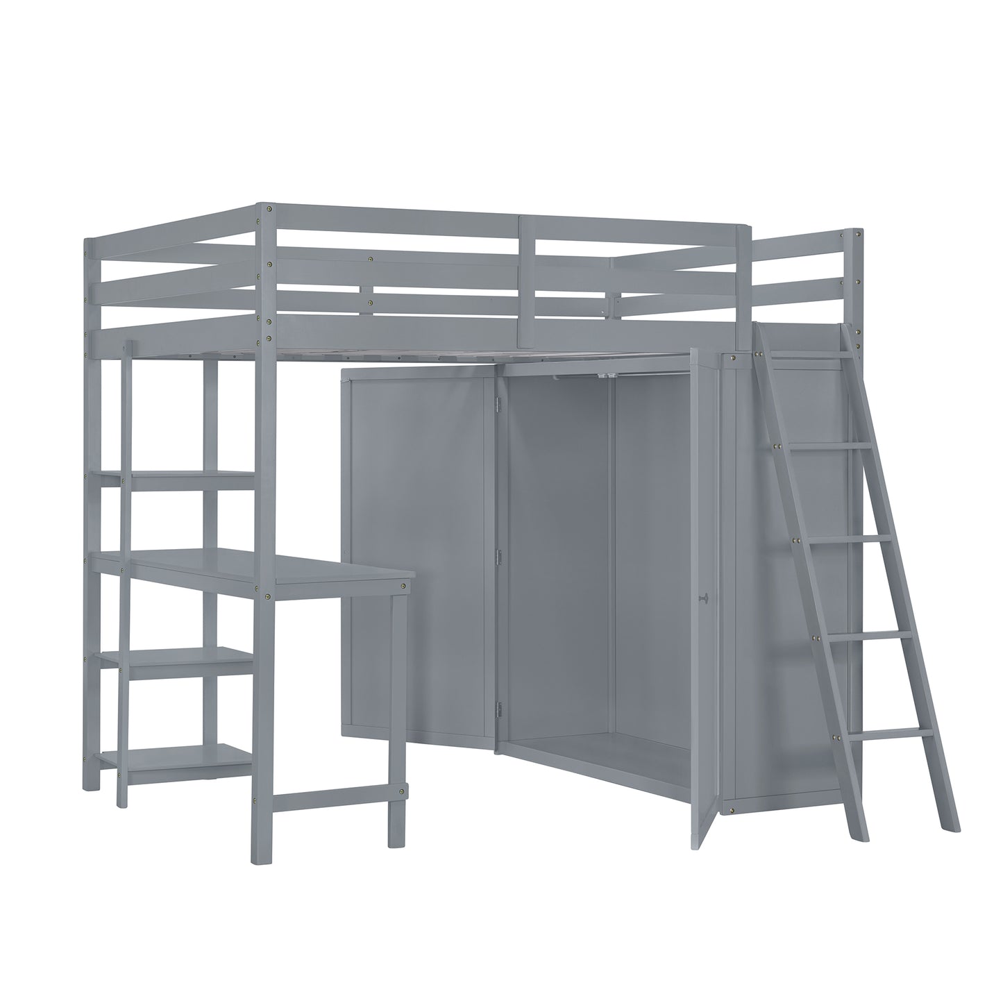 Gray wooden loft bed with integrated desk and wardrobe