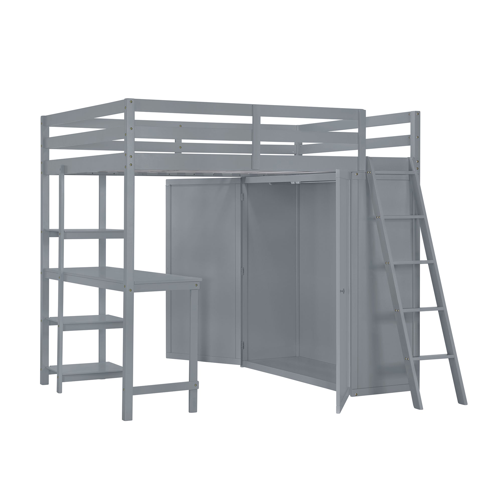 Gray wooden loft bed with integrated desk and wardrobe