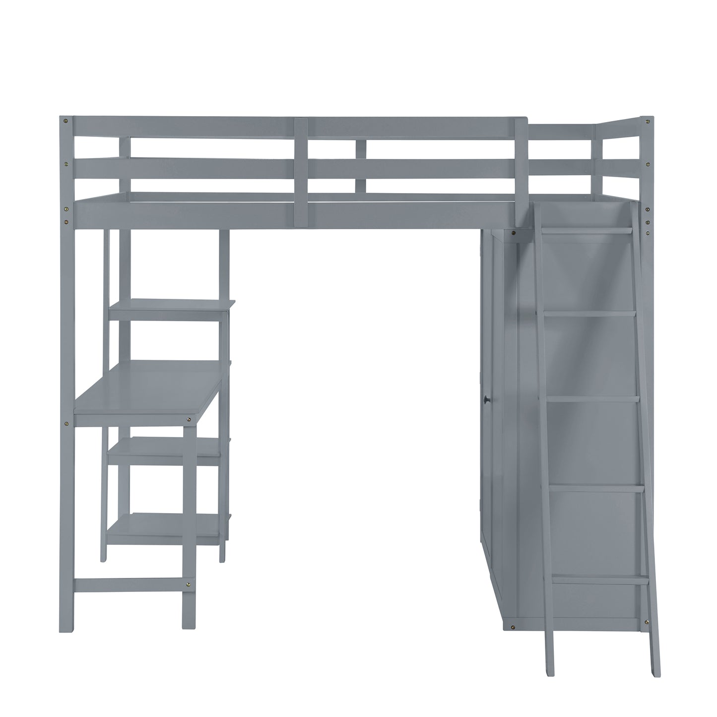 Grey wooden loft bed with desk and shelves