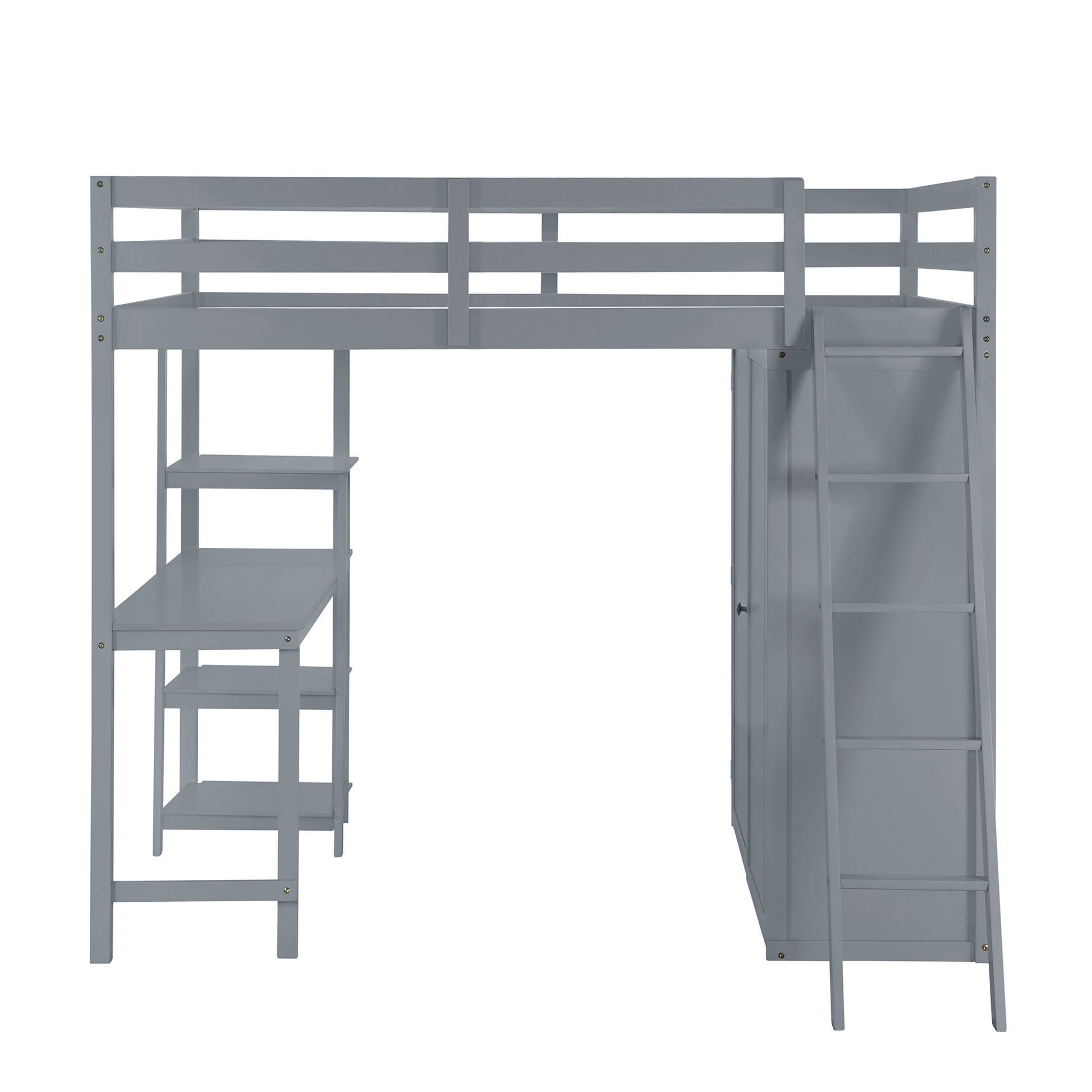 Grey wooden loft bed with desk and shelves