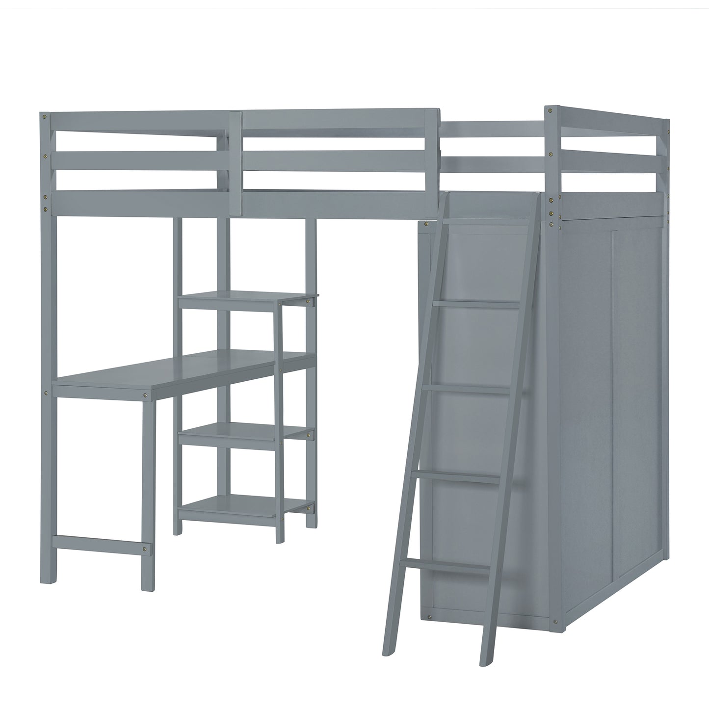 Gray wooden loft bed with integrated desk and shelving unit