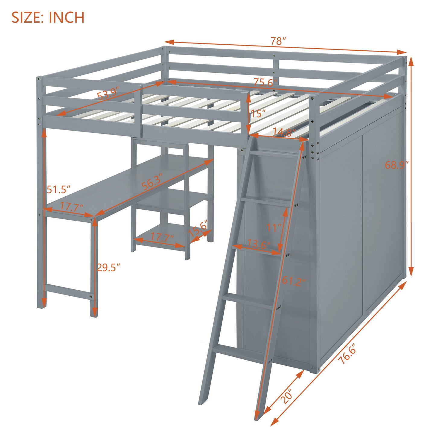Gray loft bed with integrated desk and storage cabinets